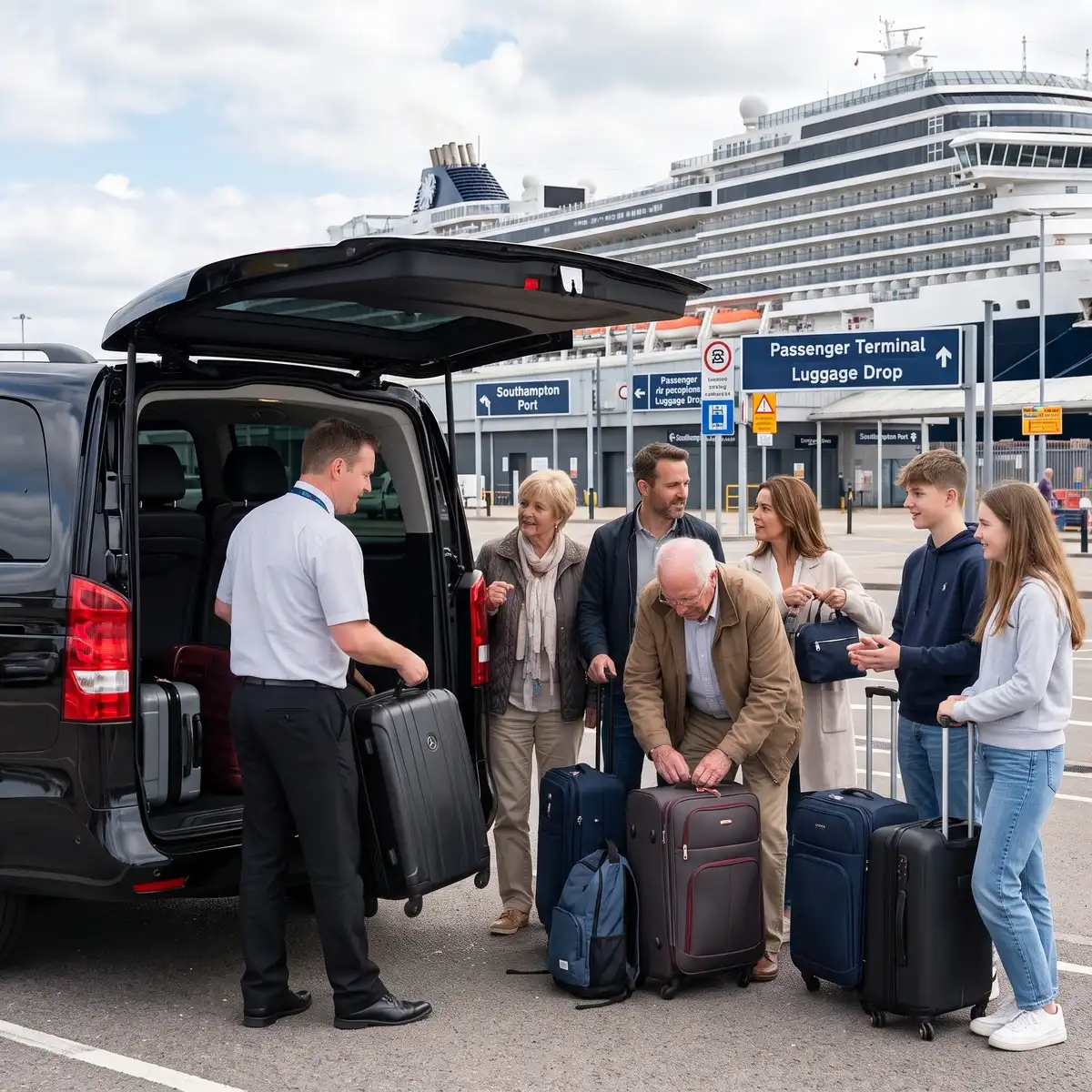 Family with luggage on a Southampton cruise transfer
