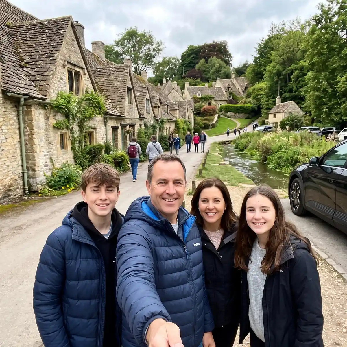 Family in Bibury on a Cotswolds tour