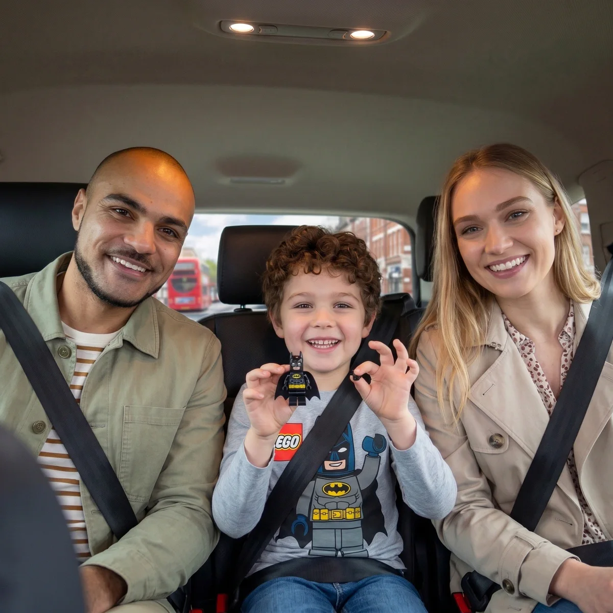 Family in a car on the way to Legoland Windsor
