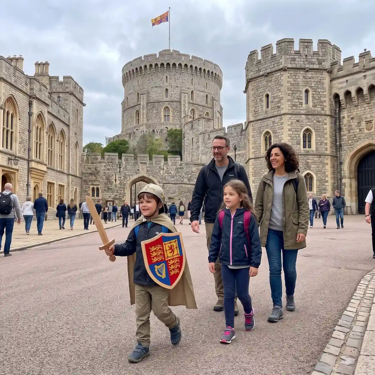 Familia con niño por el castillo de Windsor